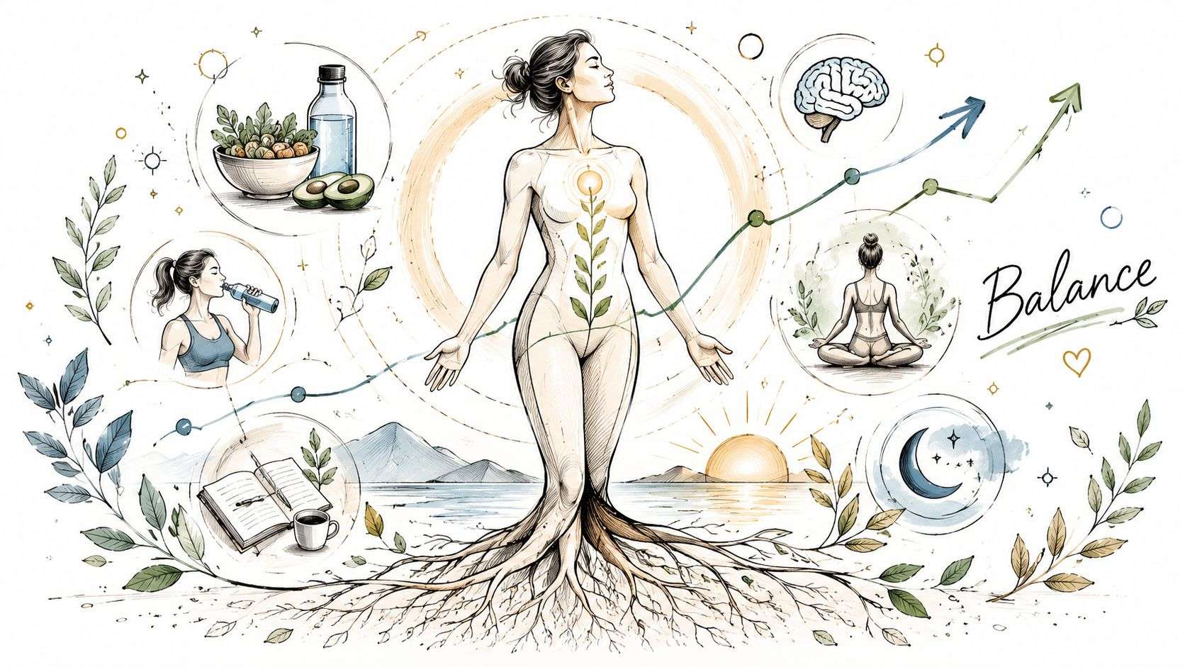 A conceptual illustration of holistic health featuring a person rooted in nature, surrounded by symbols of wellness.