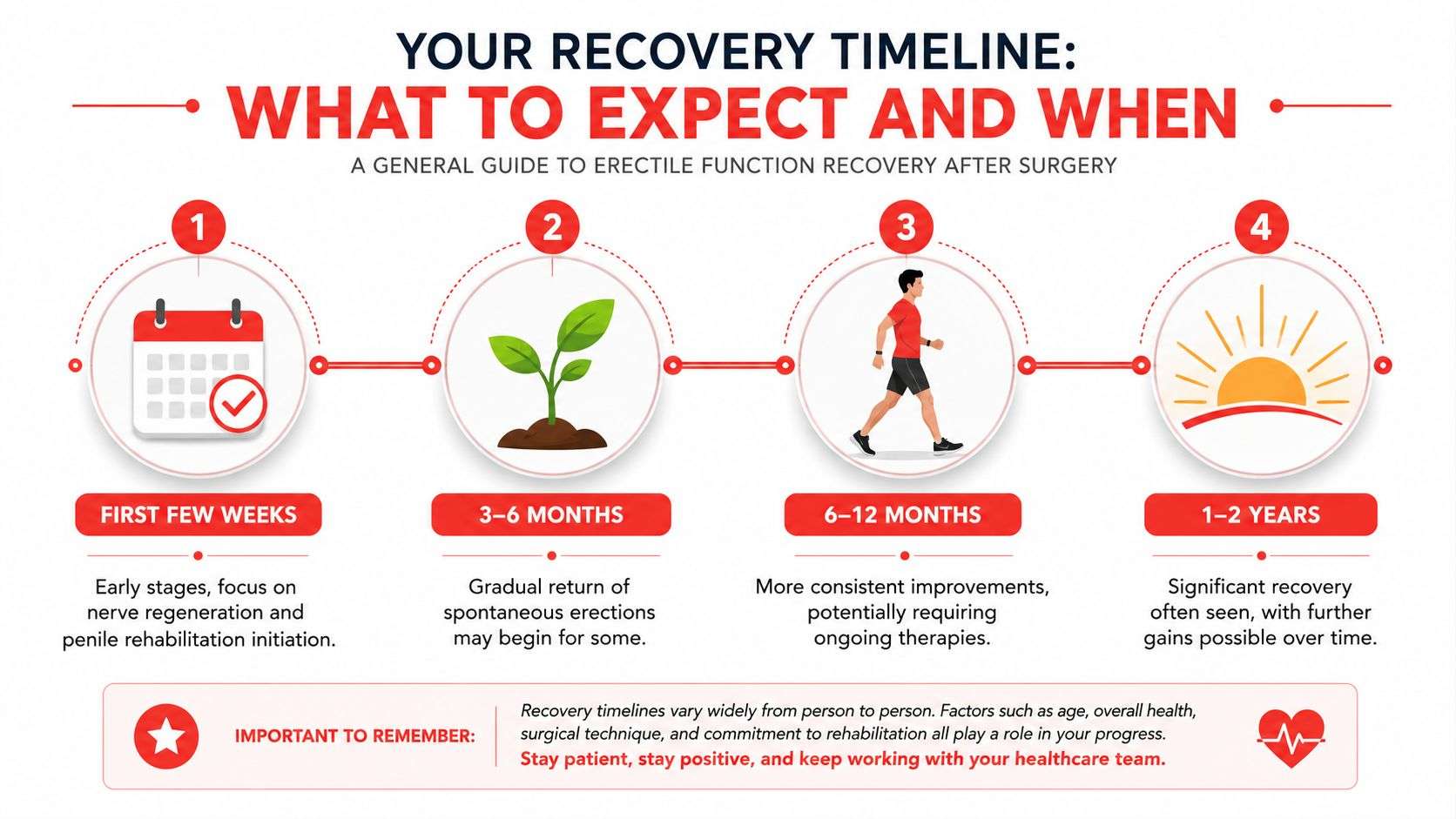 A timeline graphic showing stages of erectile function recovery after surgery, from early weeks to two years.