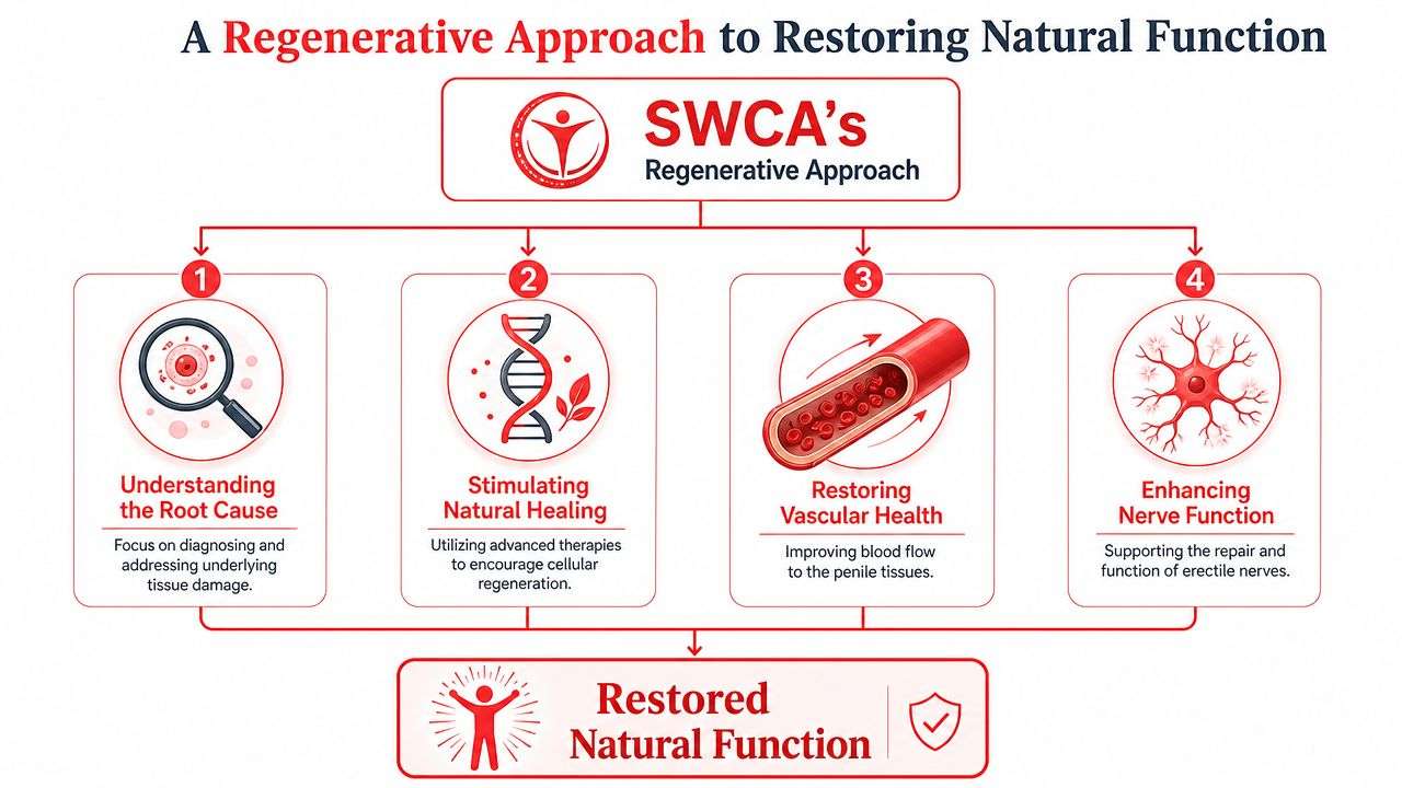 A diagram illustrating SWCA's four-step regenerative approach to restoring natural erectile function after medical procedures.