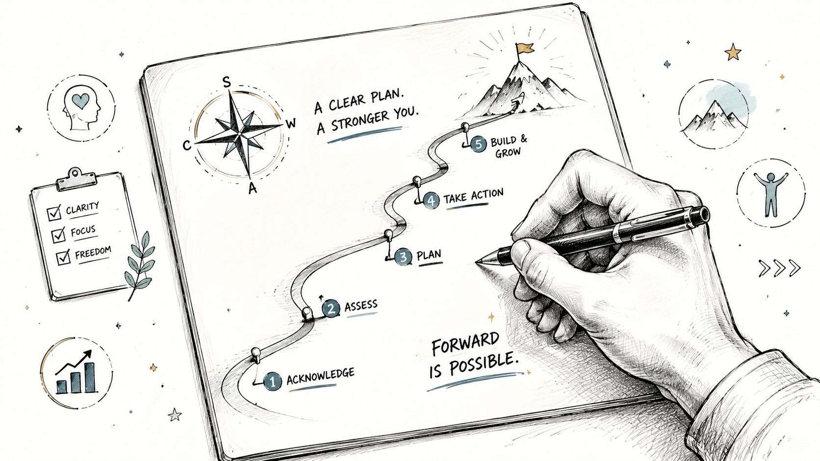 A hand drawing a step-by-step roadmap toward a mountain summit, representing personal growth and future planning.