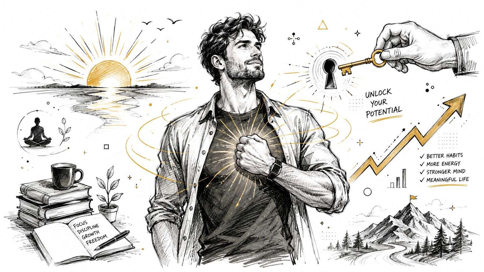 A black and white illustration of a man unlocking his potential through self-growth, habits, and mindset.