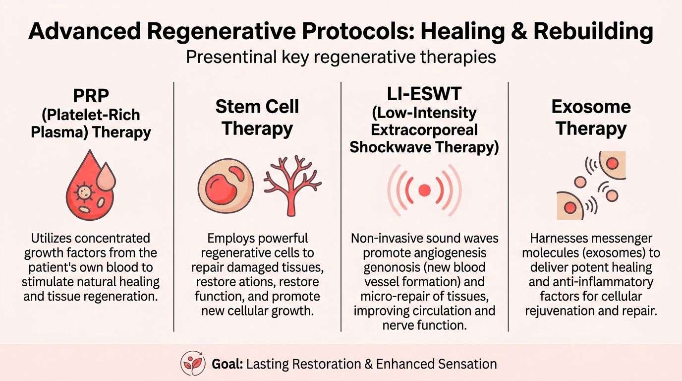 An infographic titled Advanced Regenerative Protocols describing four therapies: PRP, Stem Cell, LI-ESWT, and Exosome therapy.