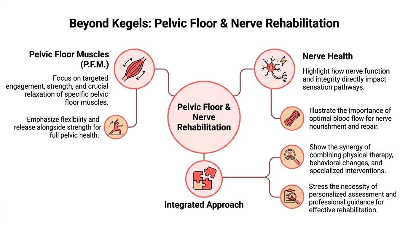 A diagram explaining pelvic floor and nerve rehabilitation through muscle health, nerve integrity, and an integrated approach.