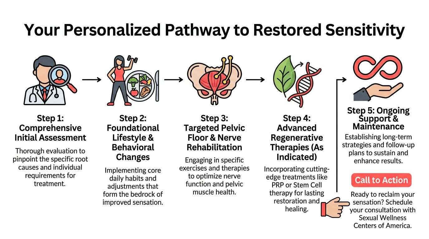 A five-step infographic showing a personalized pathway to restored sensitivity through medical and lifestyle treatments.