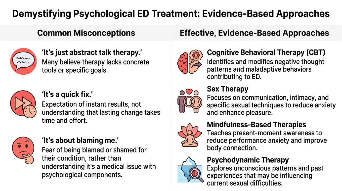 A comparison chart highlighting common misconceptions versus effective, evidence-based psychological treatment approaches for erectile dysfunction.