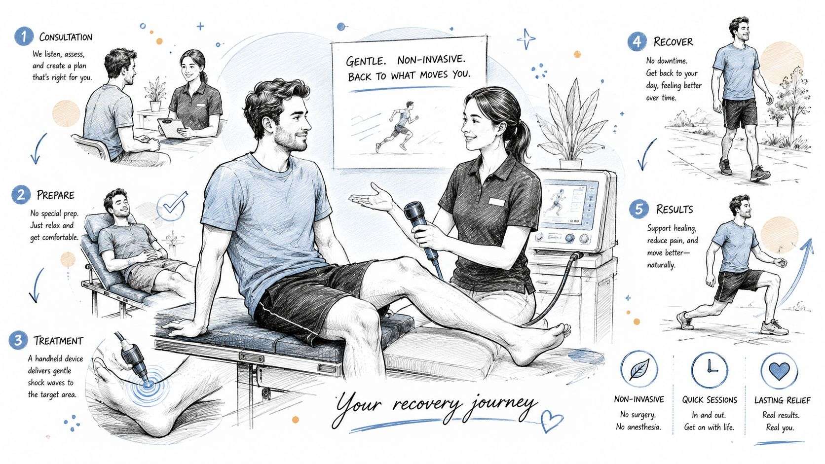 An illustrated five-step guide showing a patient undergoing non-invasive shock wave therapy for physical recovery.