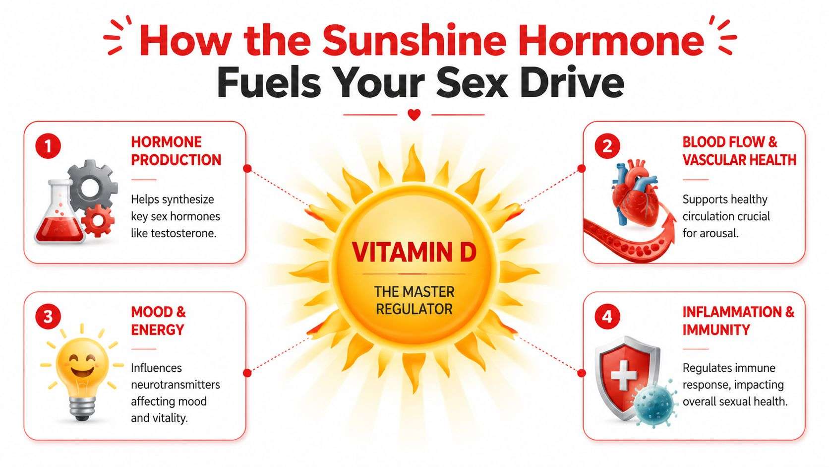 An infographic titled How the Sunshine Hormone Fuels Your Sex Drive illustrating Vitamin D benefits for sexual health.