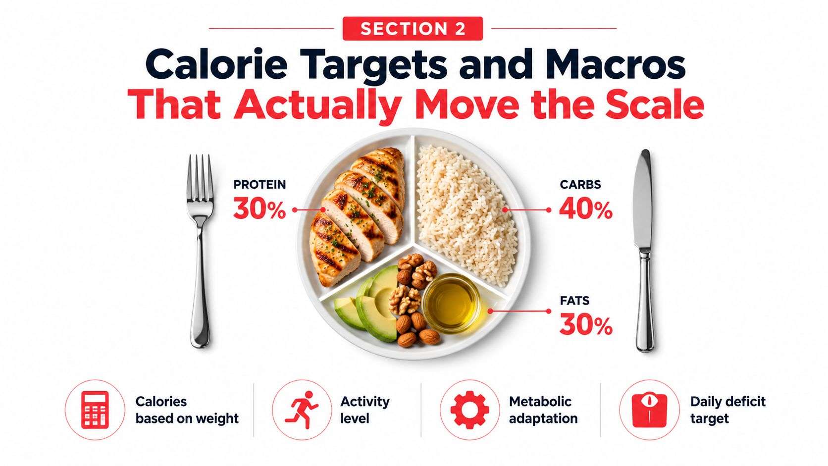 A nutritional guide graphic displaying a balanced meal plate with macros: 30% protein, 40% carbs, and 30% fats.