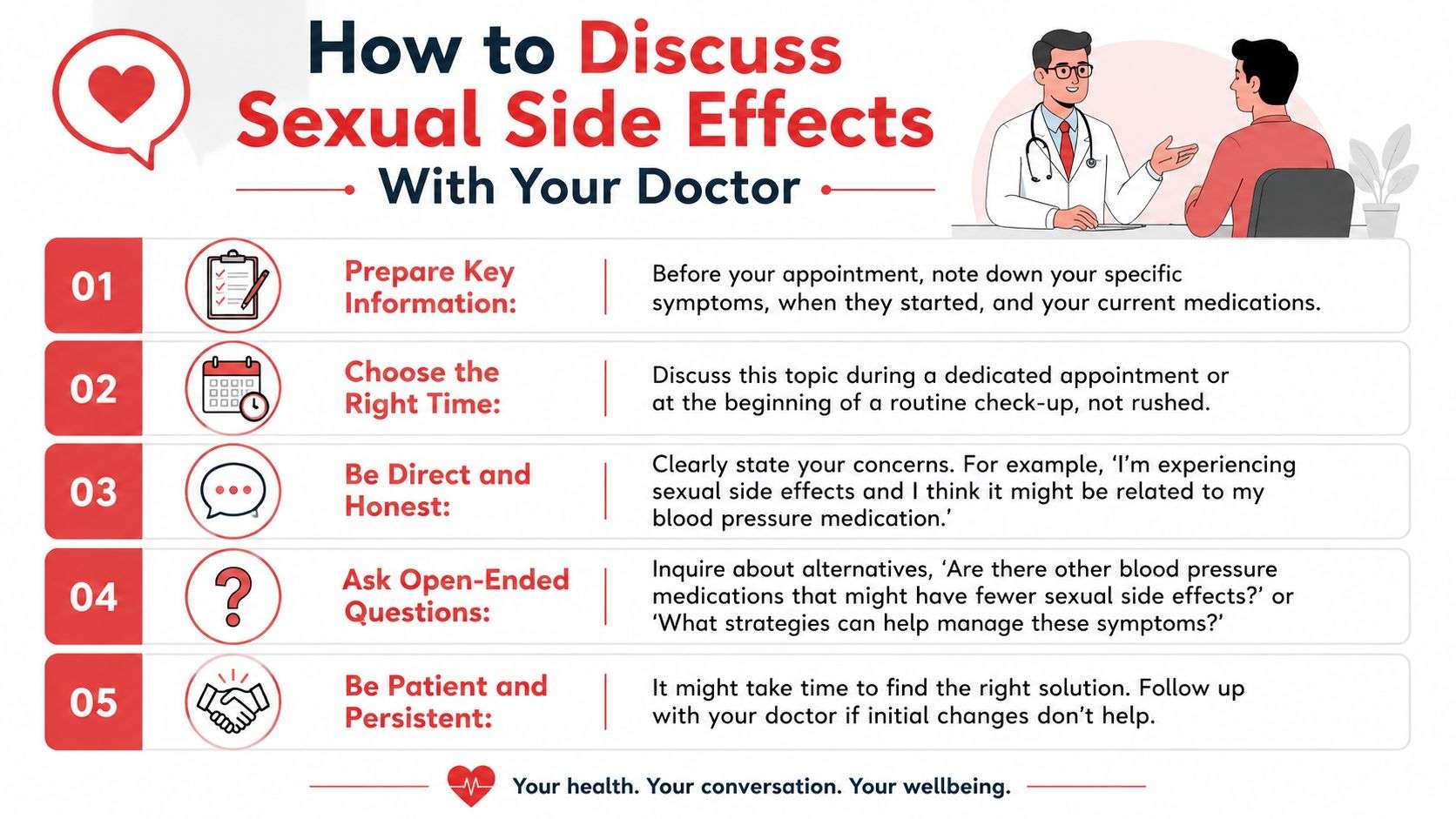An infographic titled How to Discuss Sexual Side Effects With Your Doctor, outlining five practical steps for communication.