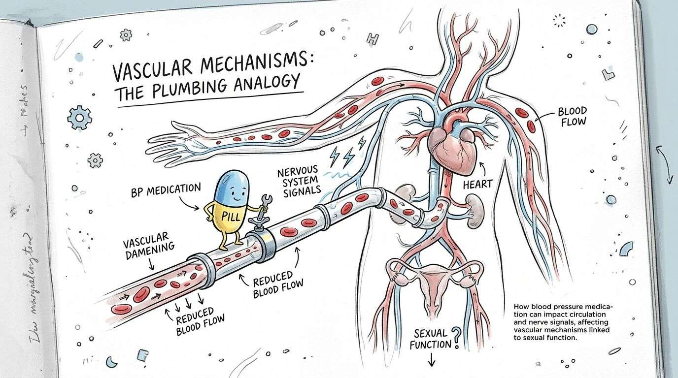 A diagram using a plumbing analogy to illustrate how blood pressure medication can affect sexual function.