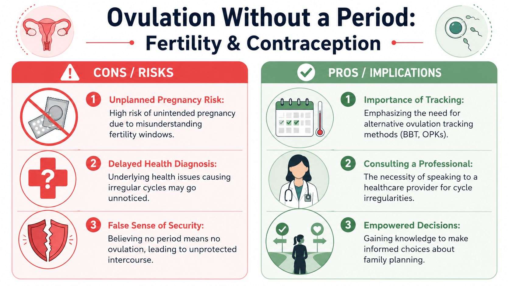 An infographic detailing the risks and considerations of ovulating without having a menstrual period.