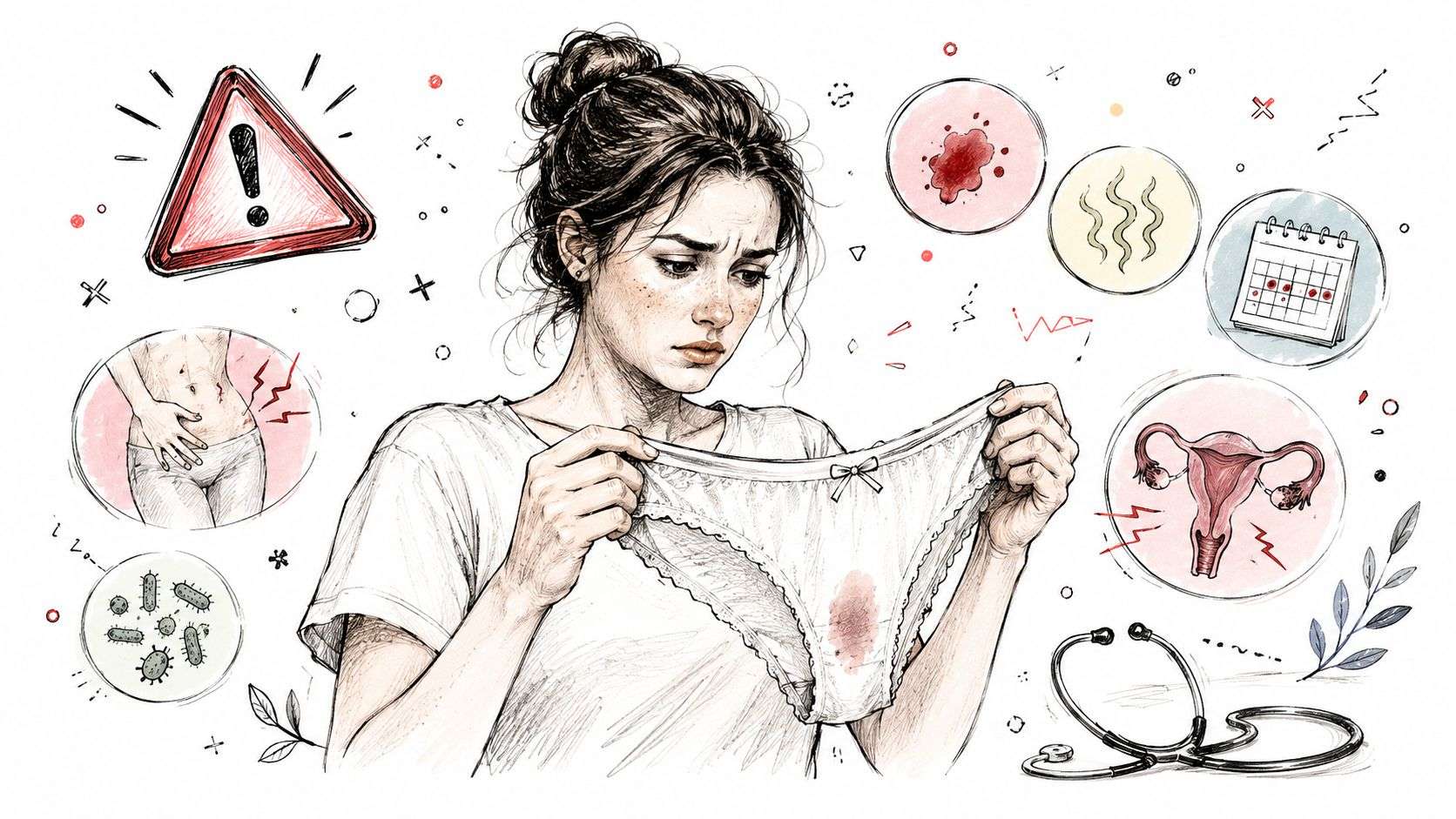 A concerned woman examining vaginal discharge on her underwear, surrounded by medical icons indicating potential reproductive health issues.
