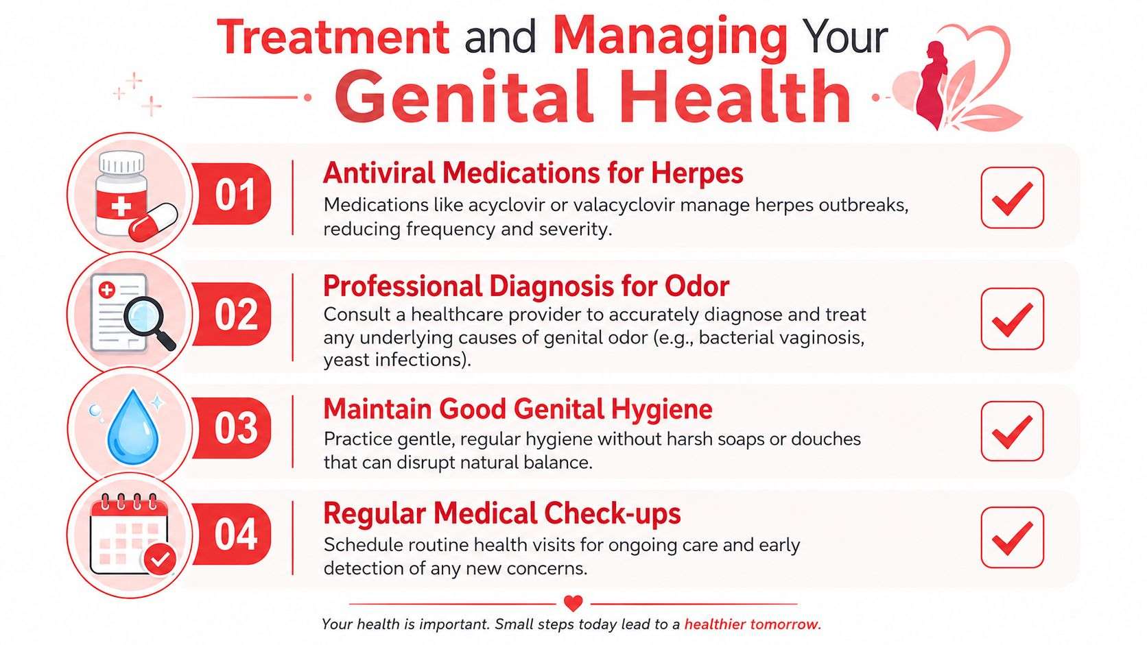 An infographic titled Treatment and Managing Your Genital Health, listing four key tips for vaginal well-being.