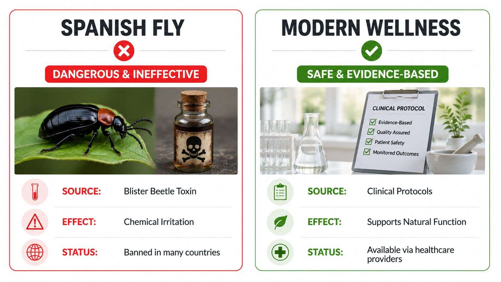 A comparison chart highlighting the dangers of Spanish Fly versus safe and evidence-based modern wellness approaches.