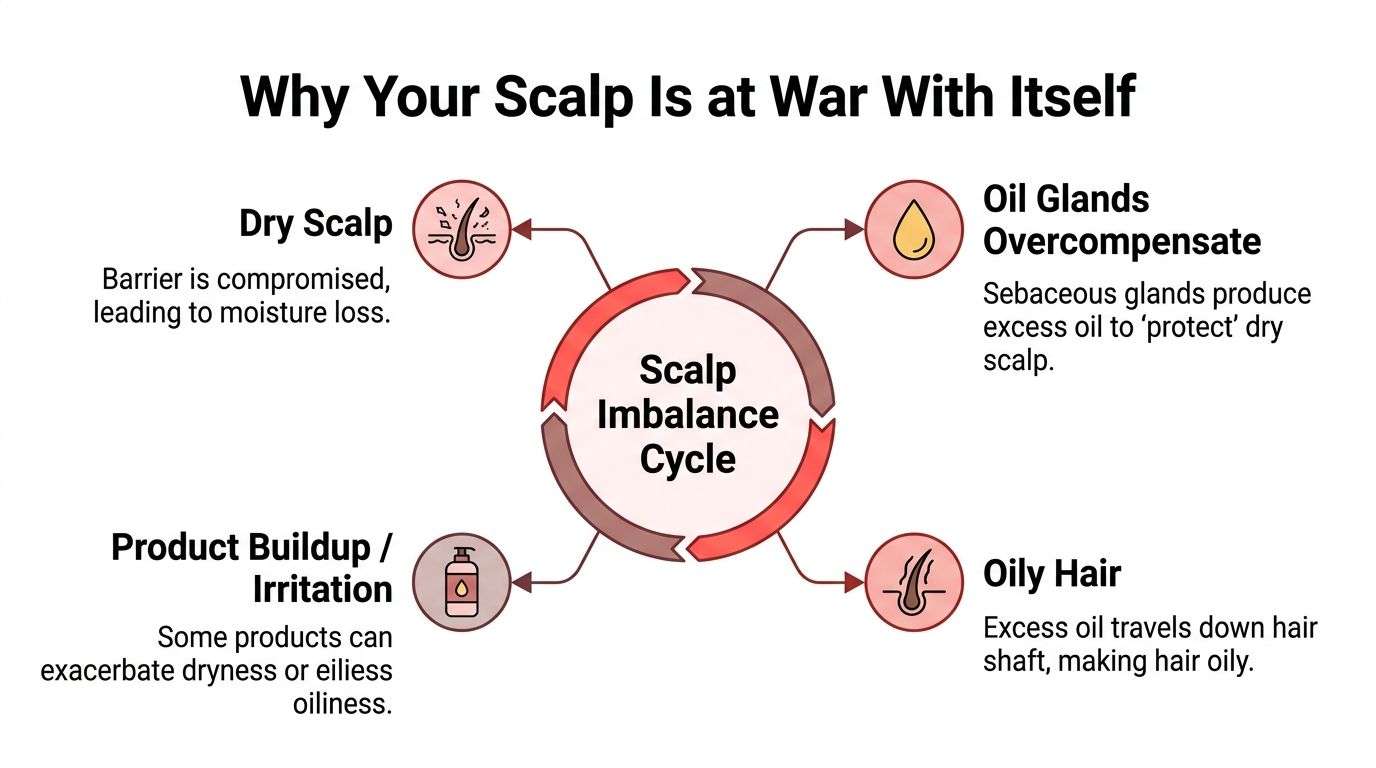 A diagram illustrating the Scalp Imbalance Cycle involving dry scalp, oil overcompensation, oily hair, and product buildup.