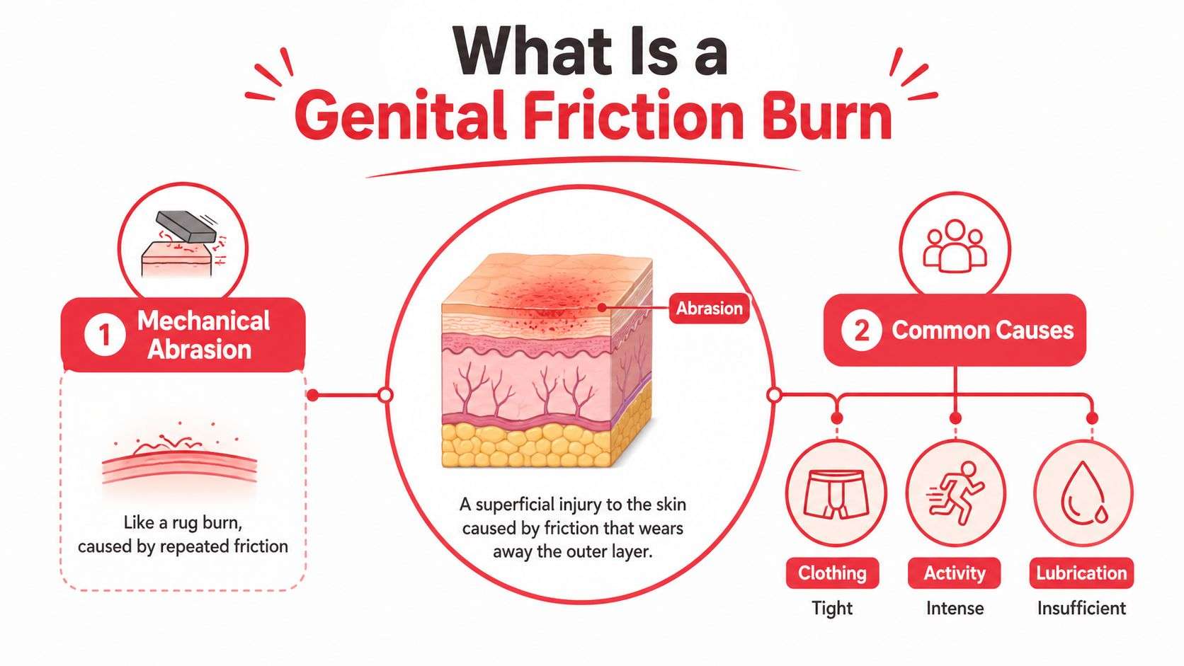 An infographic explaining genital friction burn as a superficial skin injury caused by abrasion from friction.