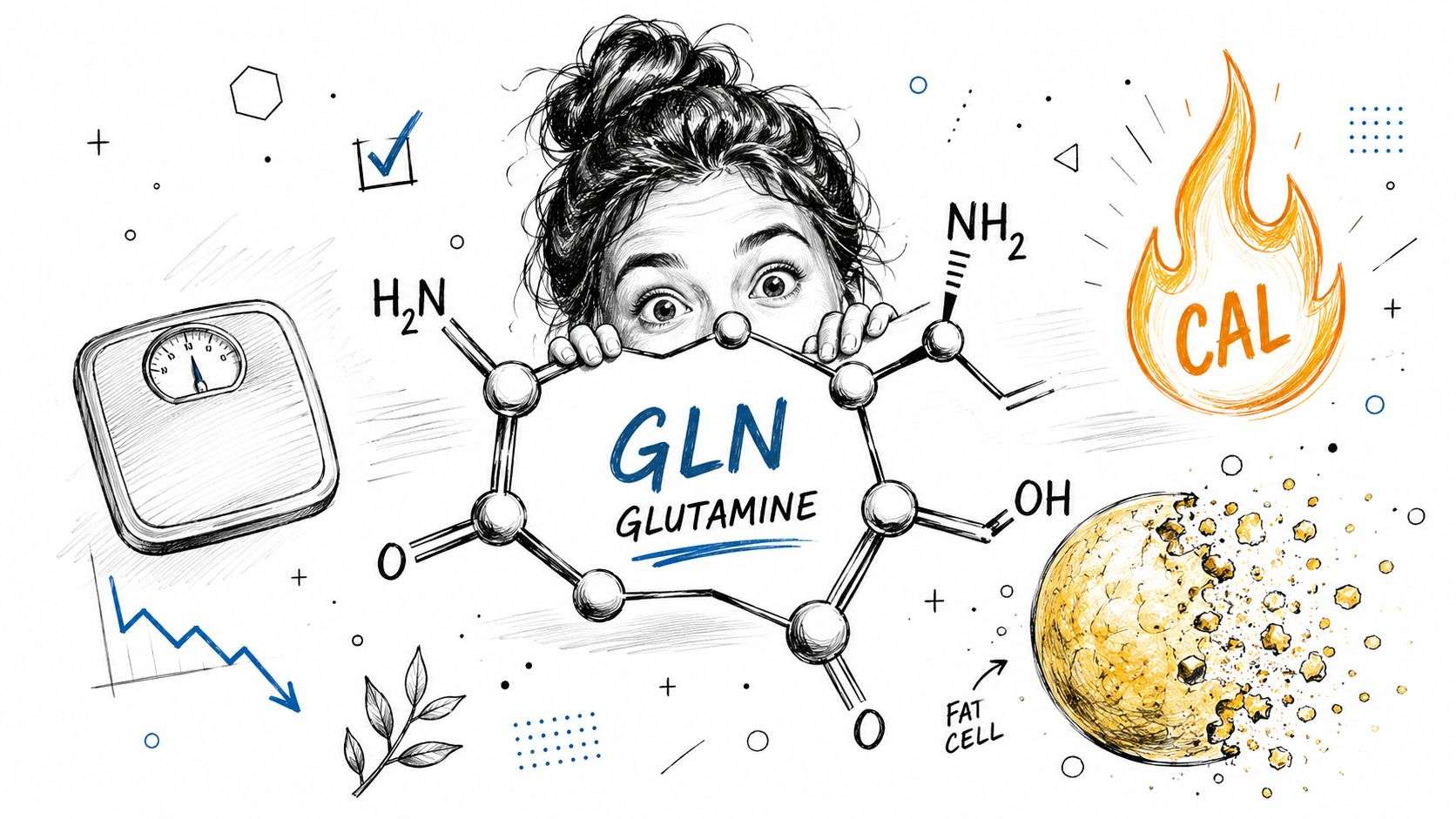 A sketched illustration of a woman behind a glutamine molecule, symbolizing weight loss and calorie burning.