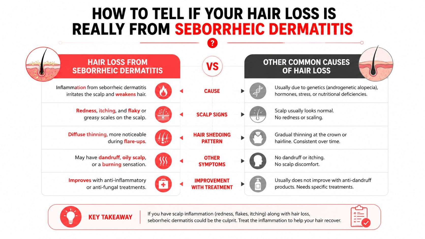 A comparison chart showing differences between hair loss caused by seborrheic dermatitis and other common hair loss causes.