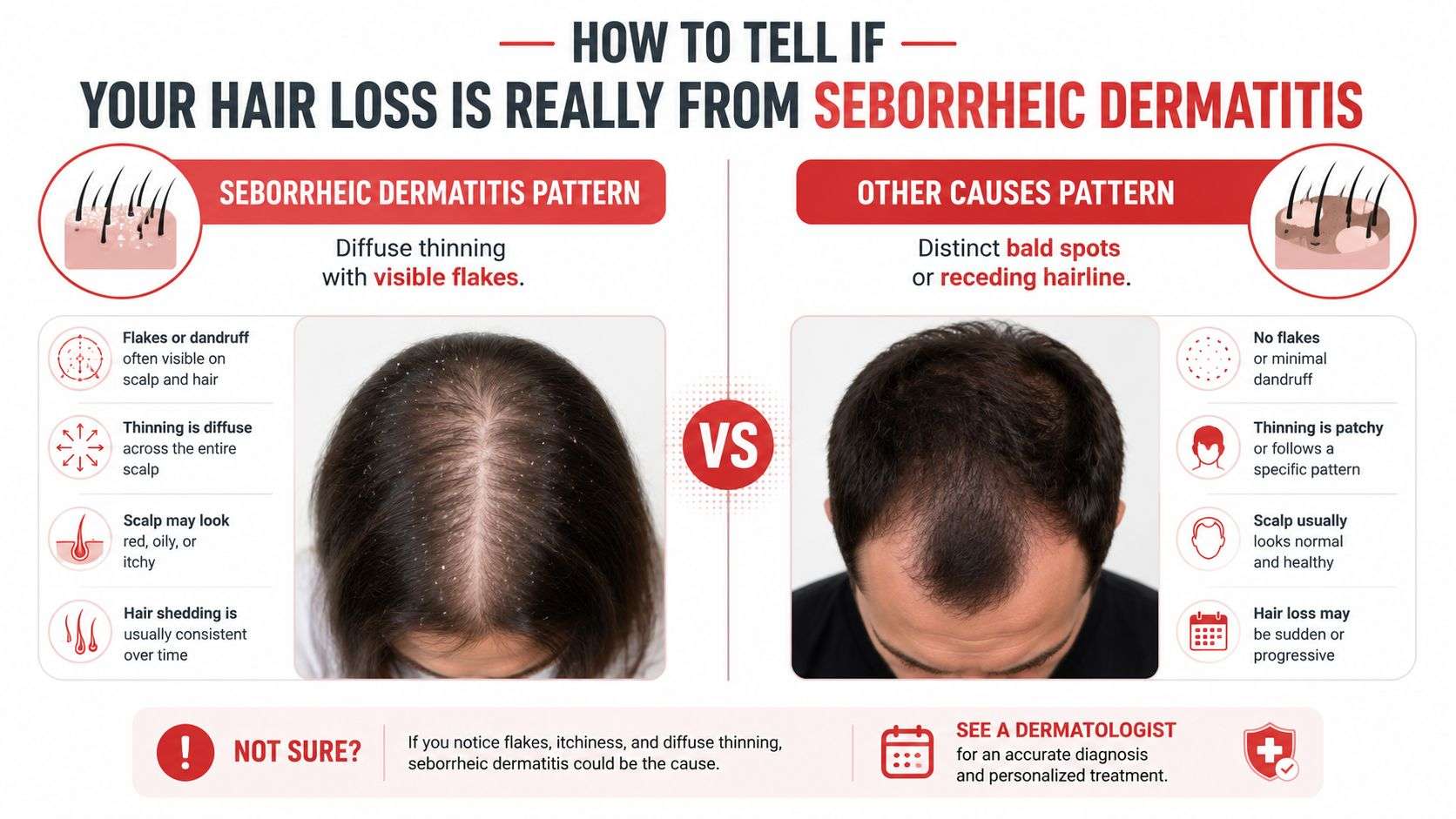 An infographic comparing hair loss caused by seborrheic dermatitis versus other common types of hair loss.