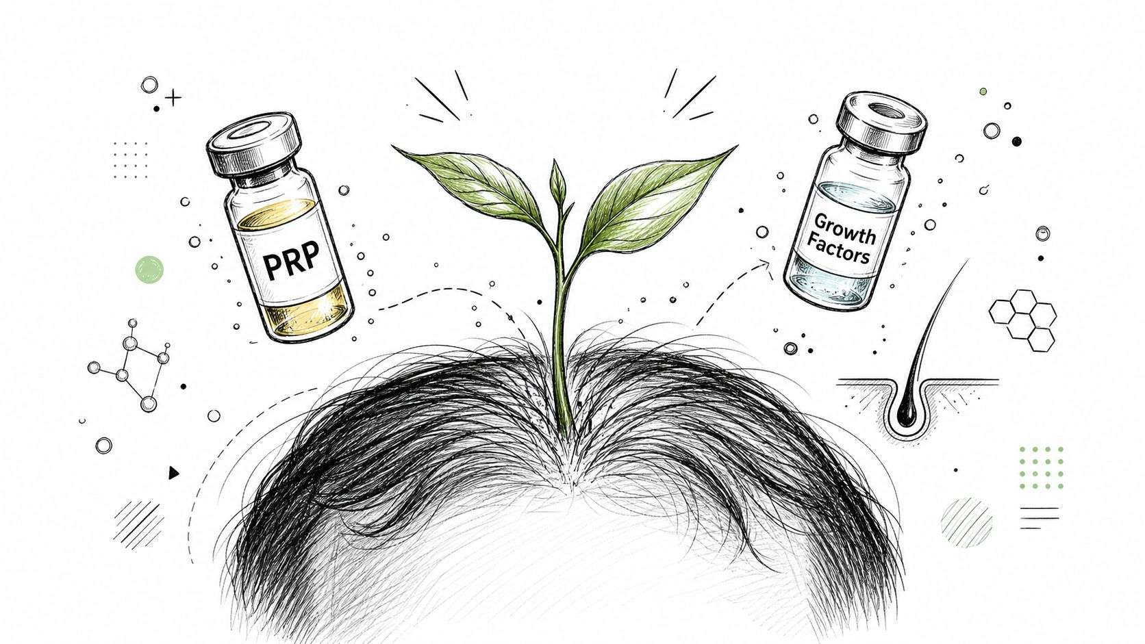 A conceptual illustration of hair regrowth therapy featuring PRP and growth factor vials with a growing plant.