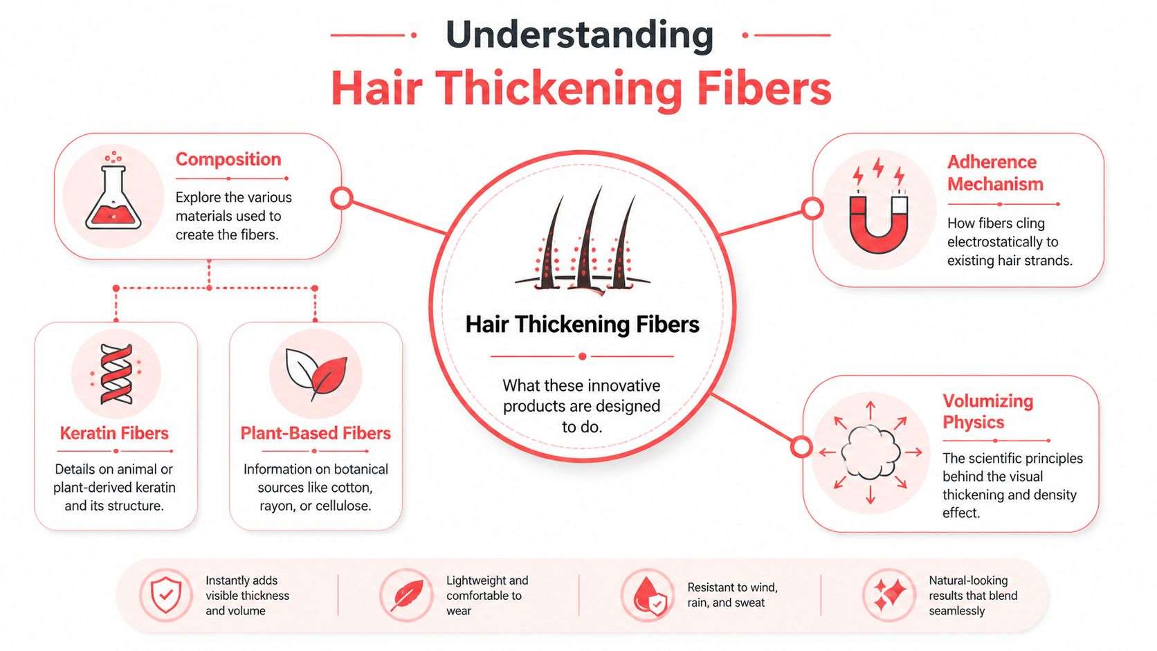 An infographic explaining how hair thickening fibers work, their composition, adherence mechanisms, and volumizing physics principles.