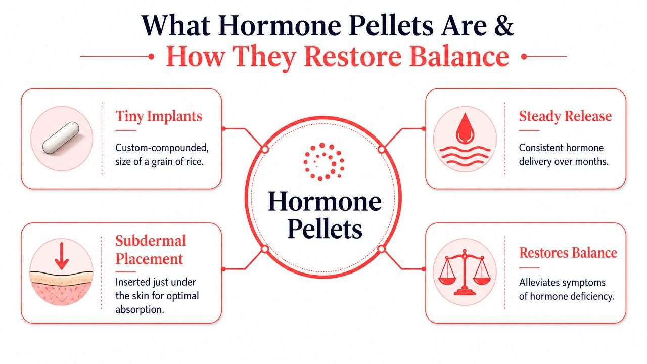 An infographic explaining how hormone pellets are custom compounded, inserted subdermally, and provide a steady hormone release.