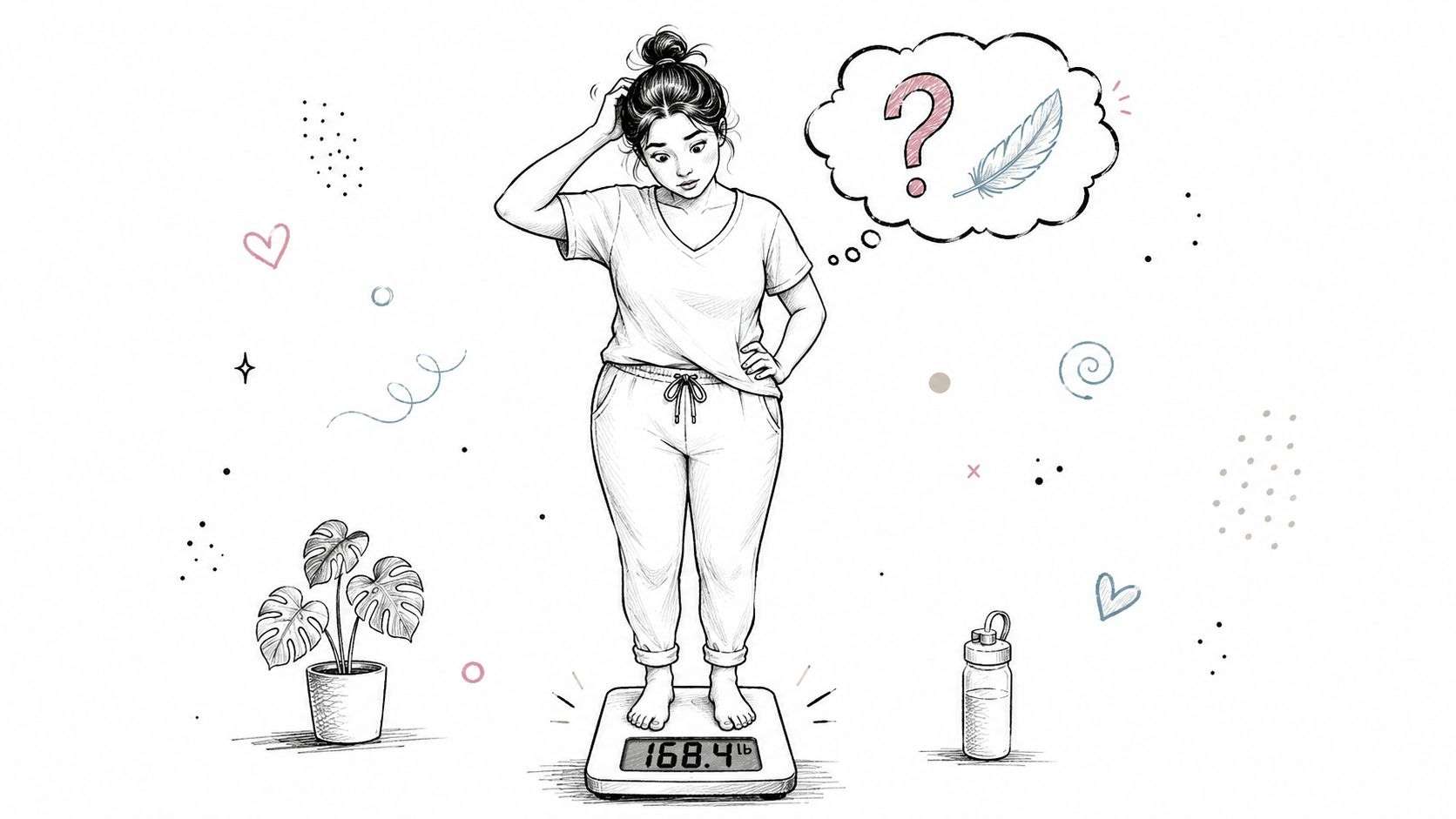 A woman stands on a scale looking confused, contemplating her weight, with decorative doodles around her.