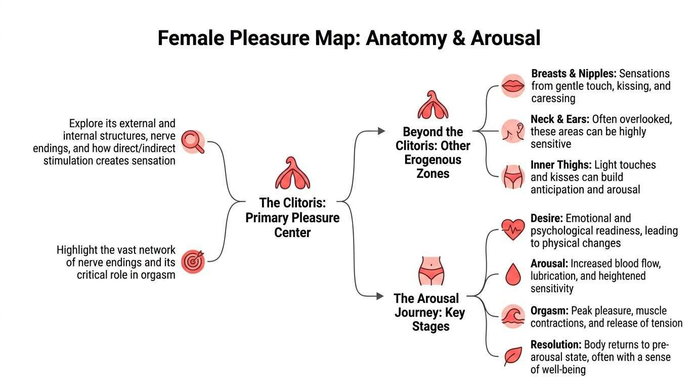 A diagram titled Female Pleasure Map detailing the clitoris, erogenous zones, and the physical stages of arousal.