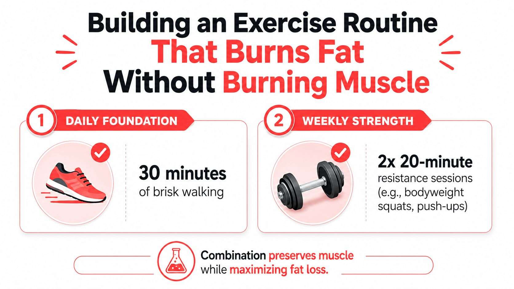An infographic showing an exercise routine consisting of daily brisk walking and twice-weekly strength training sessions.