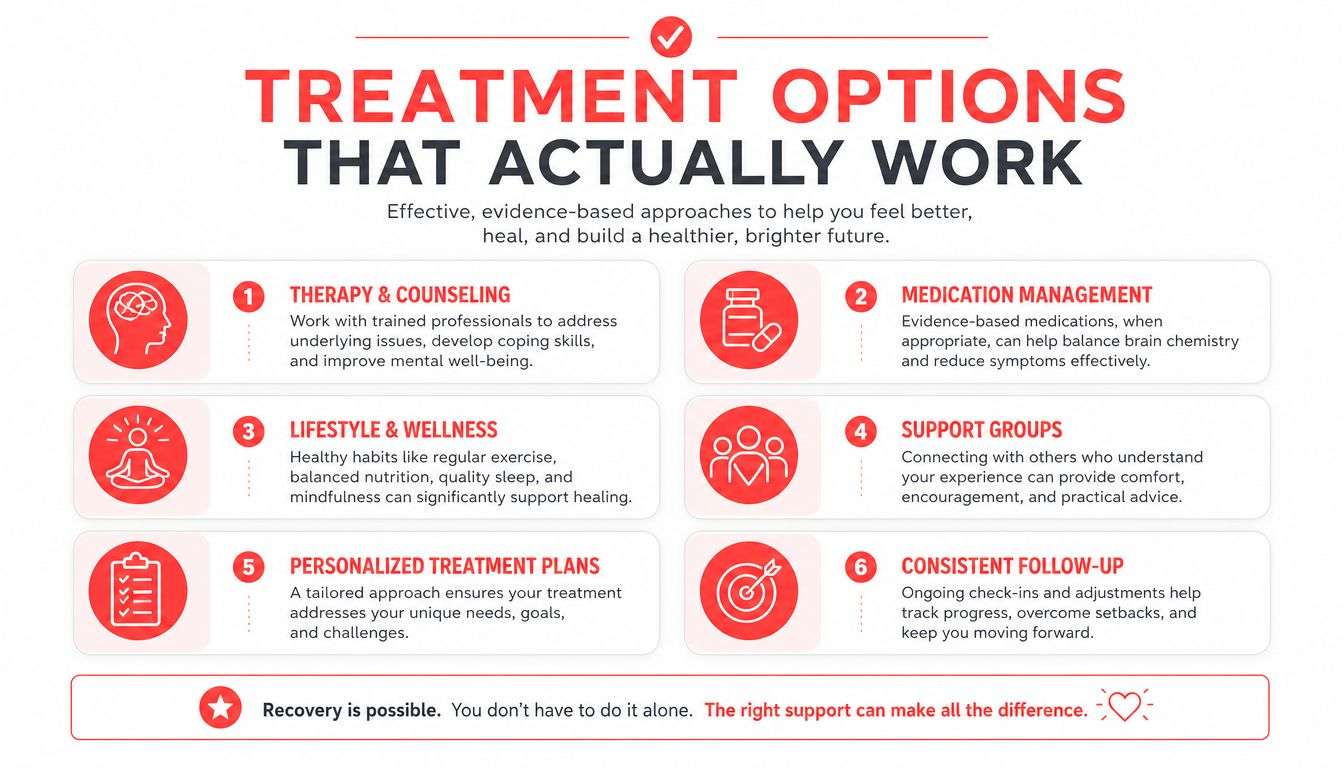 An infographic detailing six effective, evidence-based treatment options for mental health and well-being.
