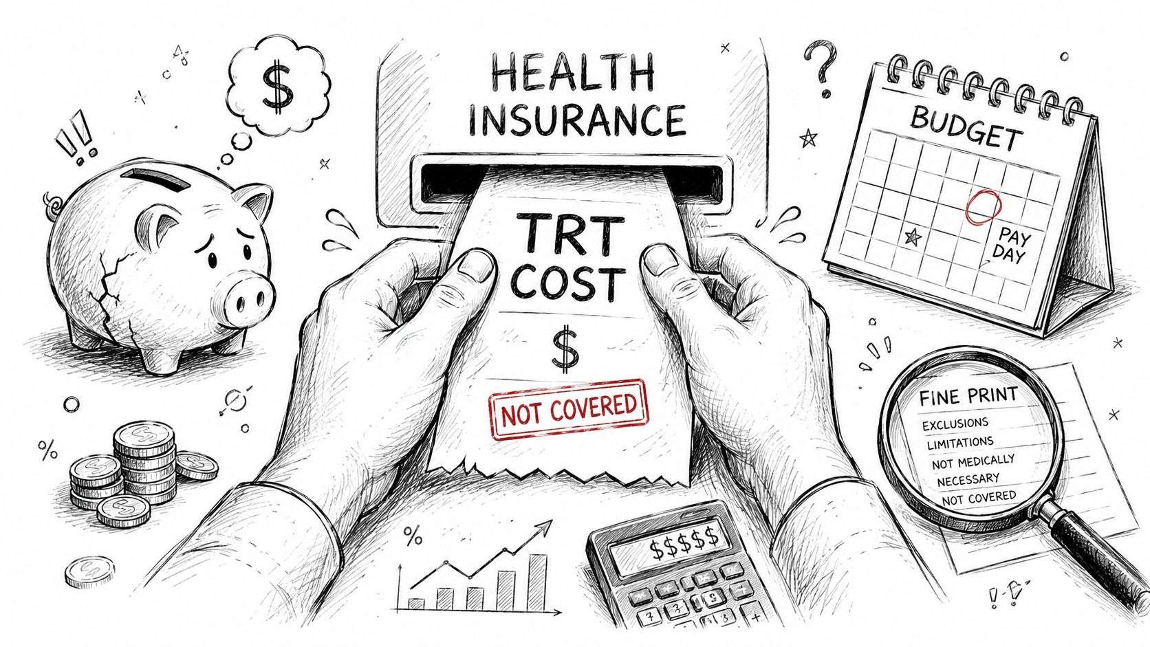 A hand-drawn illustration depicting a receipt for TRT costs marked as not covered by health insurance.