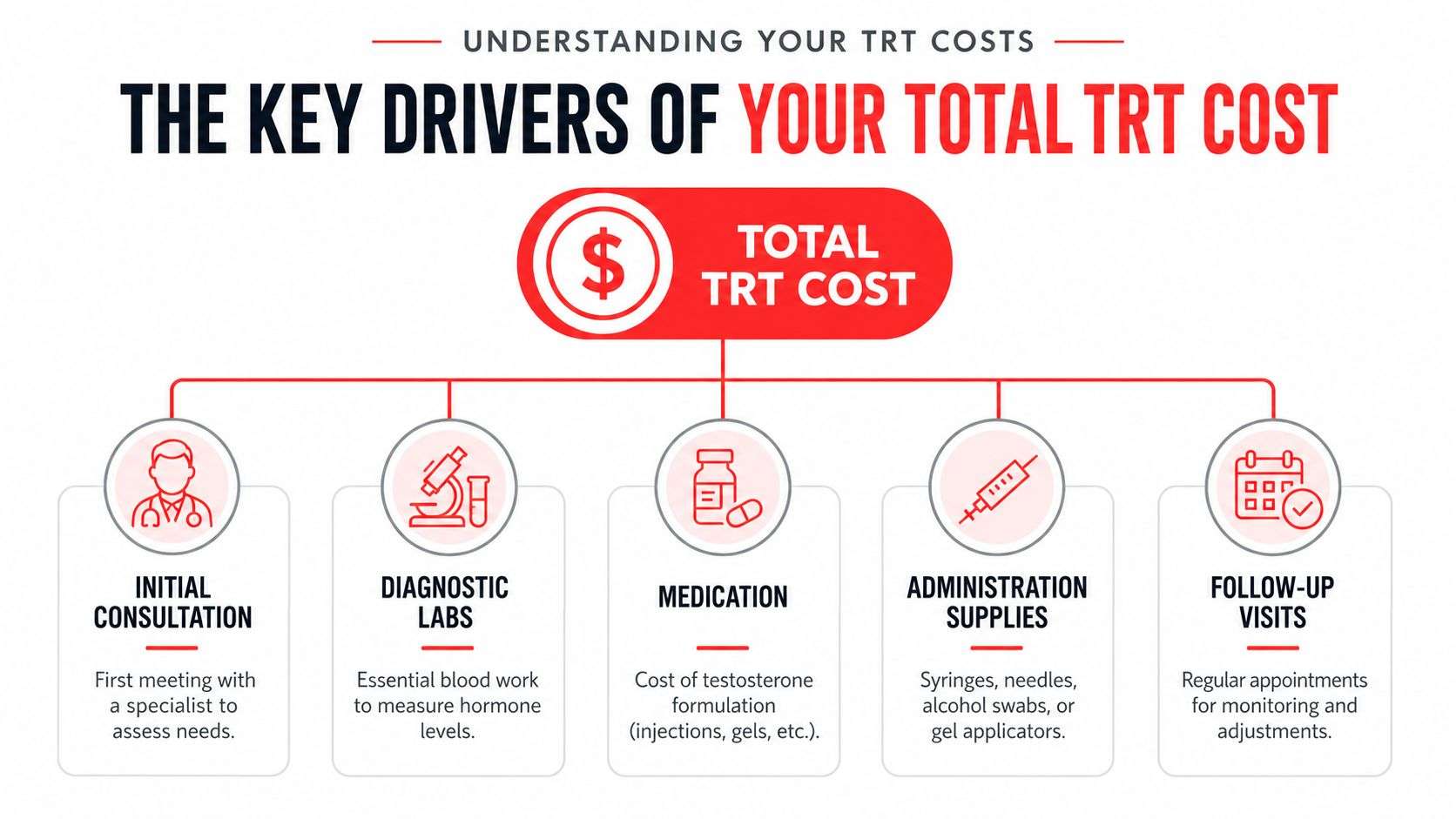 An infographic detailing the five key drivers of total testosterone replacement therapy costs, including consultations and lab tests.