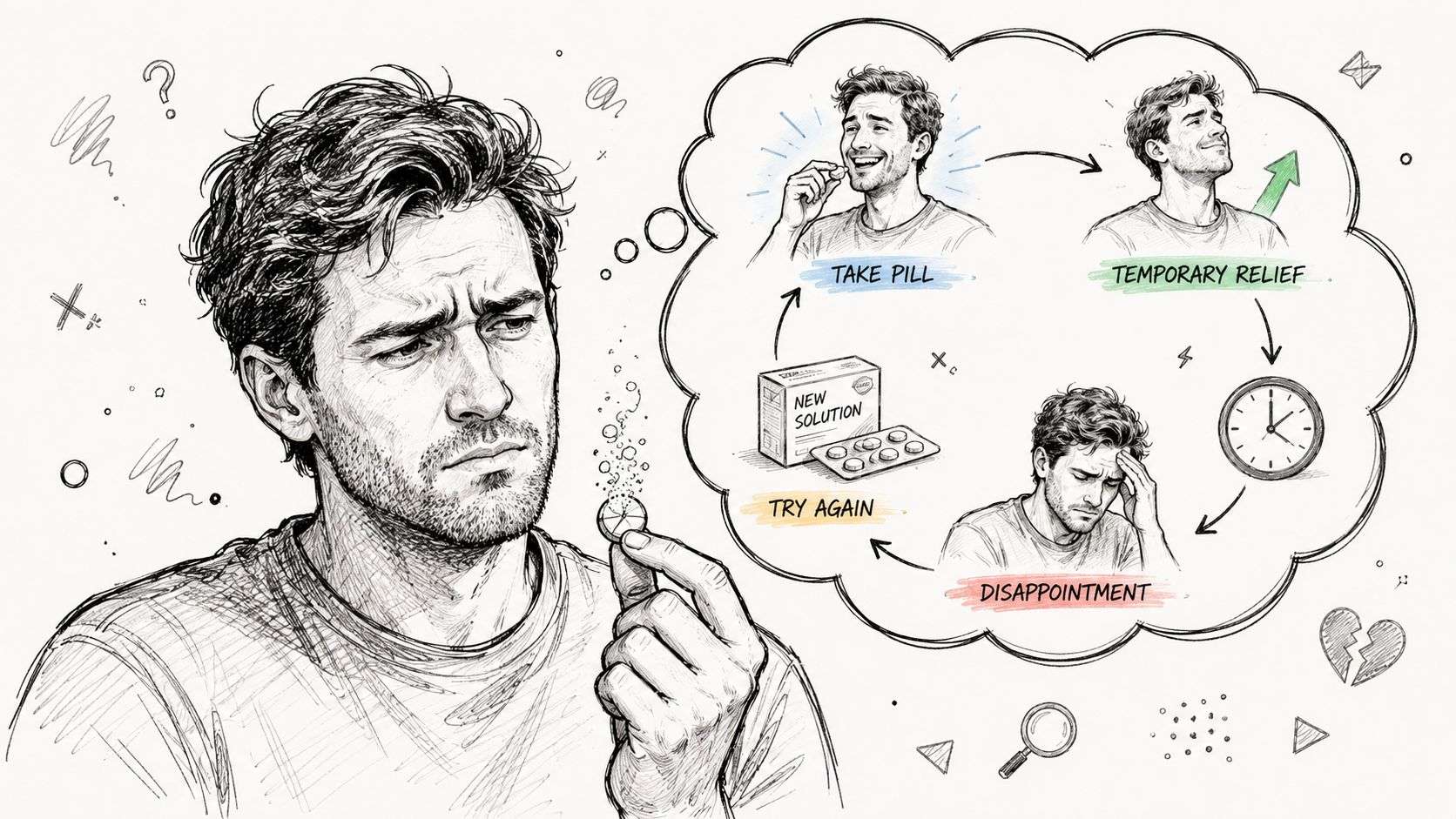 A man looking pensively at a pill while contemplating a cycle of temporary relief and recurring disappointment.