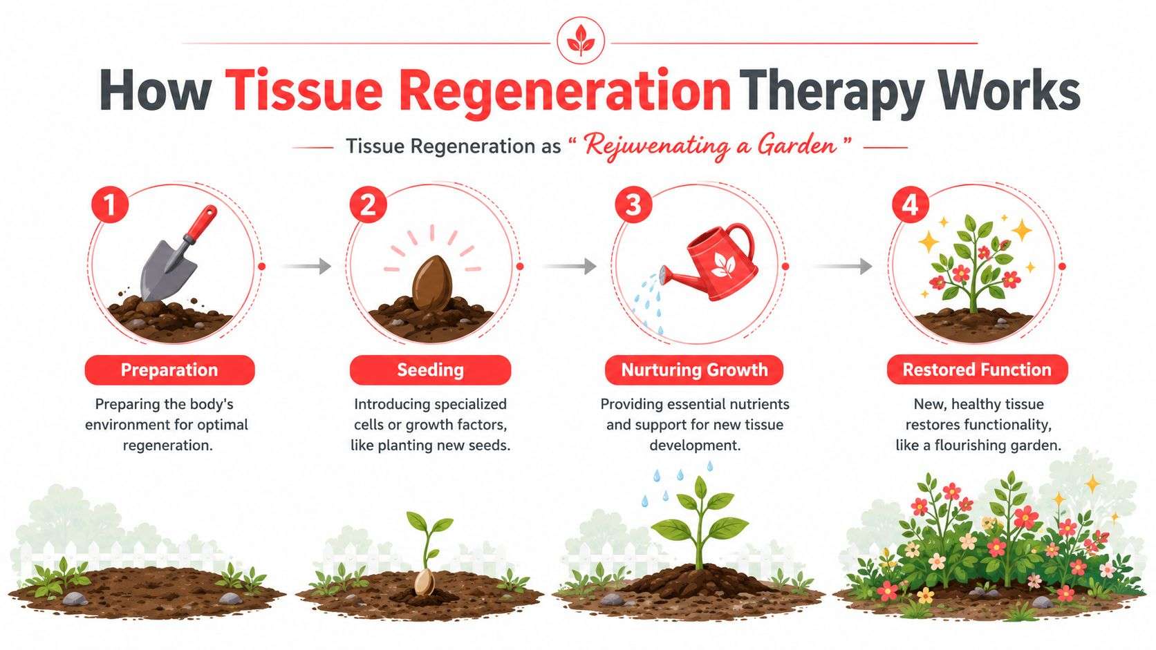 An infographic showing the four steps of tissue regeneration therapy using a garden growth metaphor.