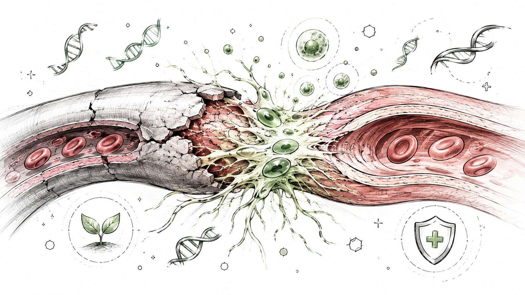 A cross-section illustration showing blood vessel repair and regenerative medicine concepts with cell regeneration and protection.