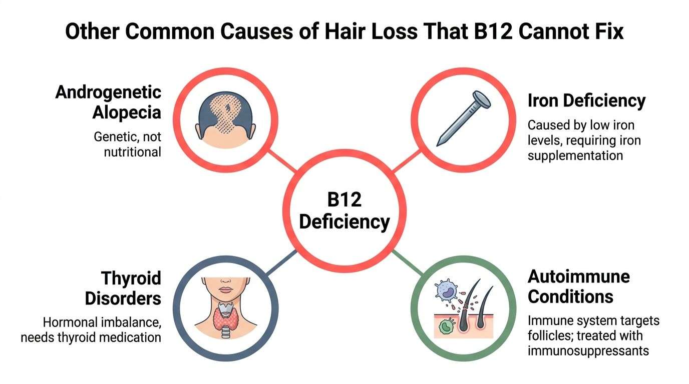 An infographic showing four common medical causes of hair loss that cannot be cured by B12 supplements.