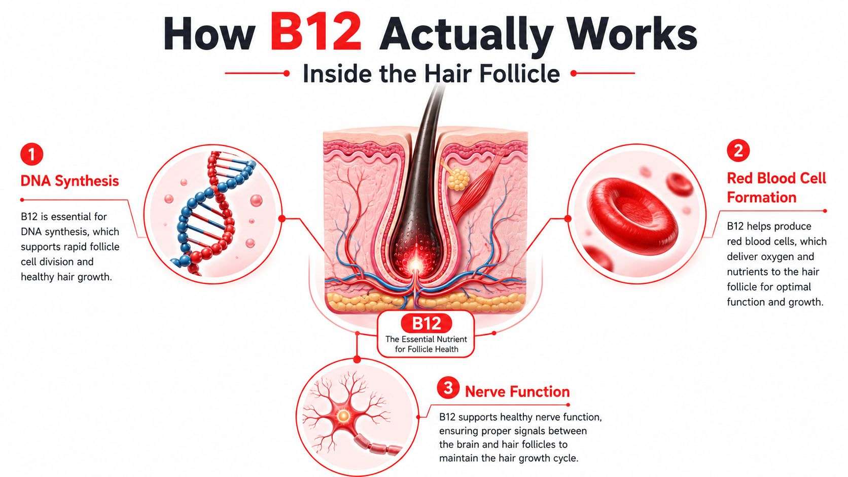 A diagram illustrating how Vitamin B12 supports hair follicle health through DNA synthesis, red blood cell formation, and nerve function.