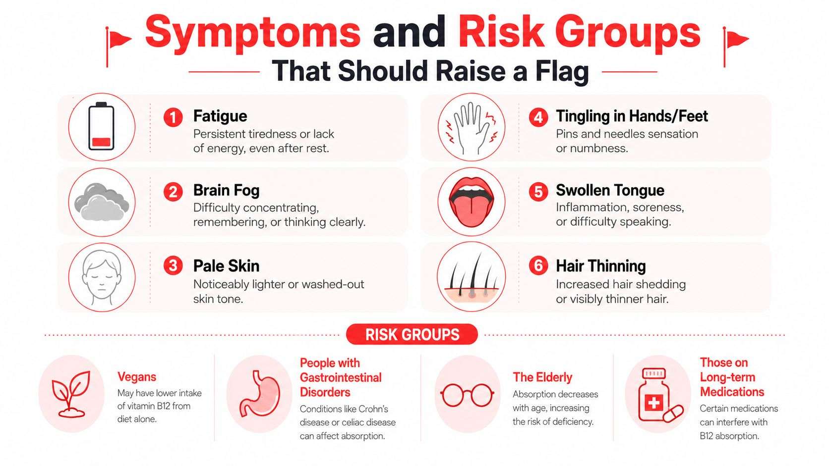 An infographic detailing common symptoms of vitamin B12 deficiency and high-risk groups for the condition.