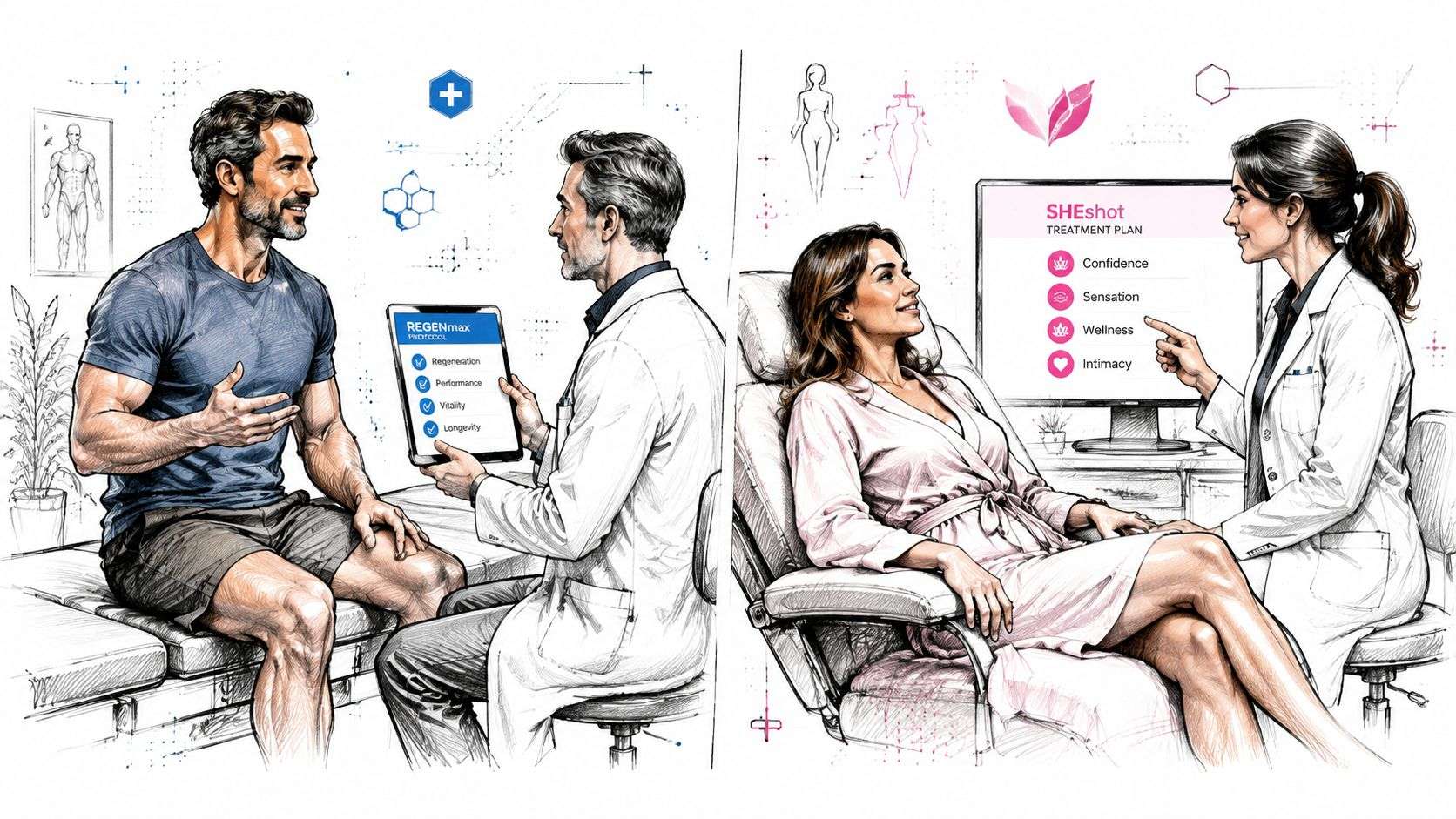A professional consultation split-screen illustration featuring male and female patients discussing personalized treatment plans with medical experts.