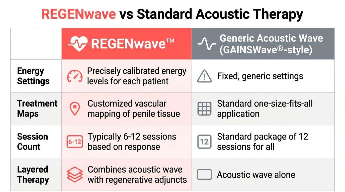 A comparison chart showing the clinical advantages of REGENwave therapy over standard generic acoustic wave treatments.