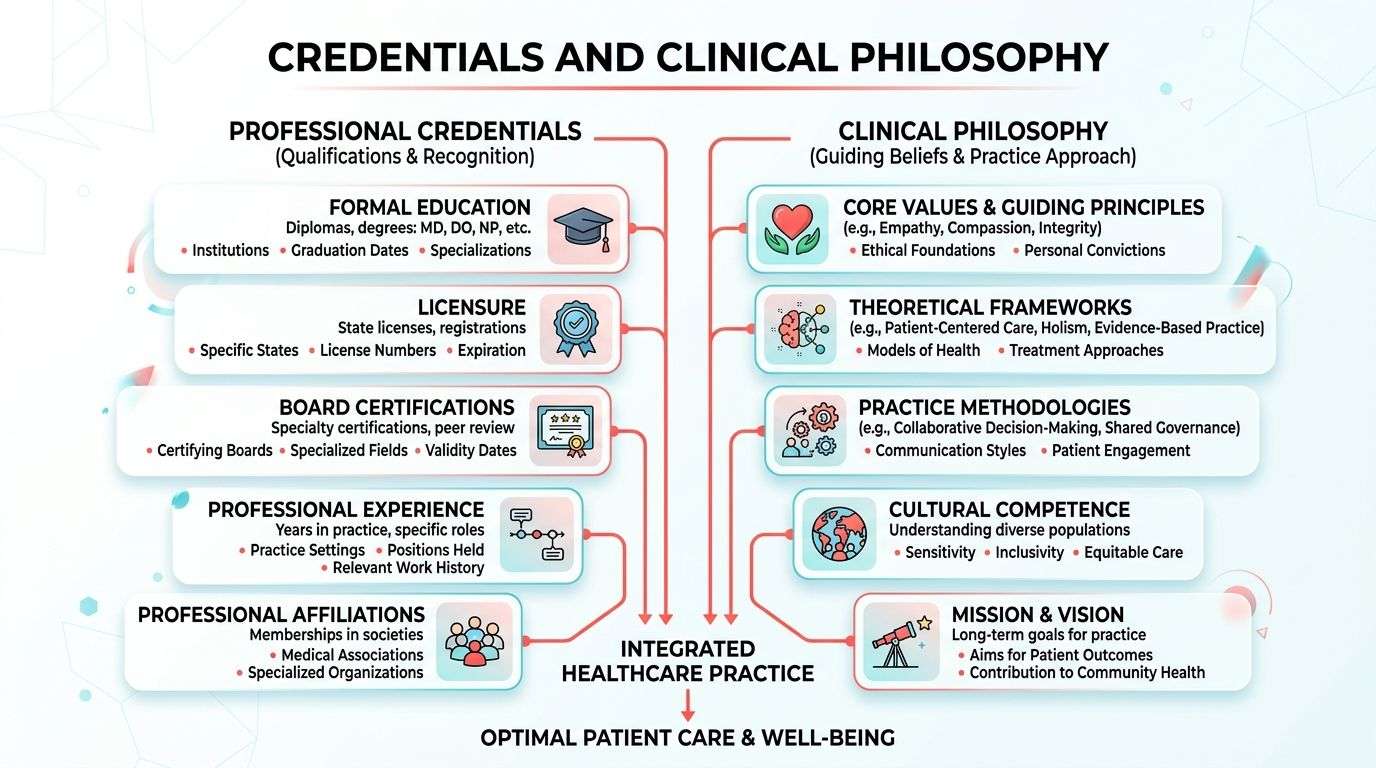 An infographic titled Credentials and Clinical Philosophy illustrating the components of integrated healthcare practice for patient well-being.
