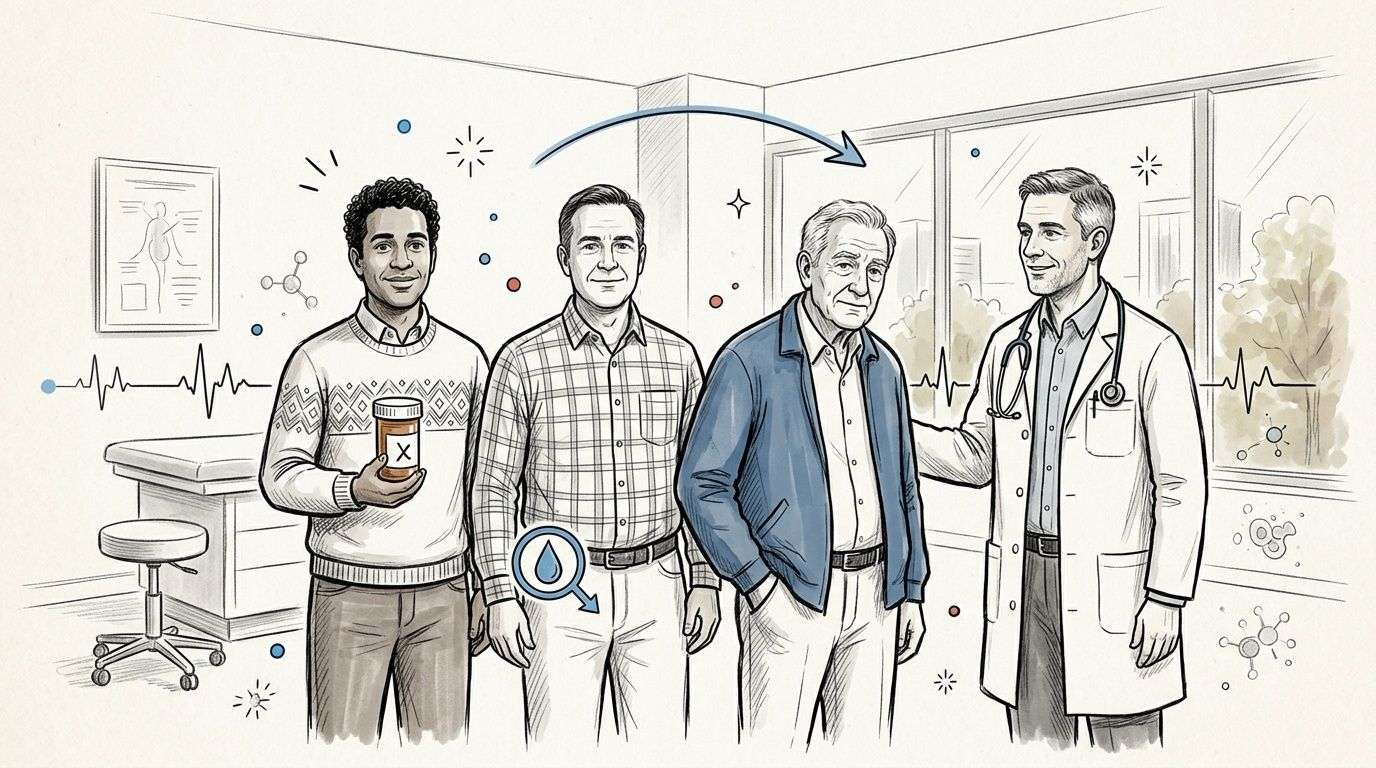 A doctor talking to patients in a medical office, with imagery representing medication and medical testing.