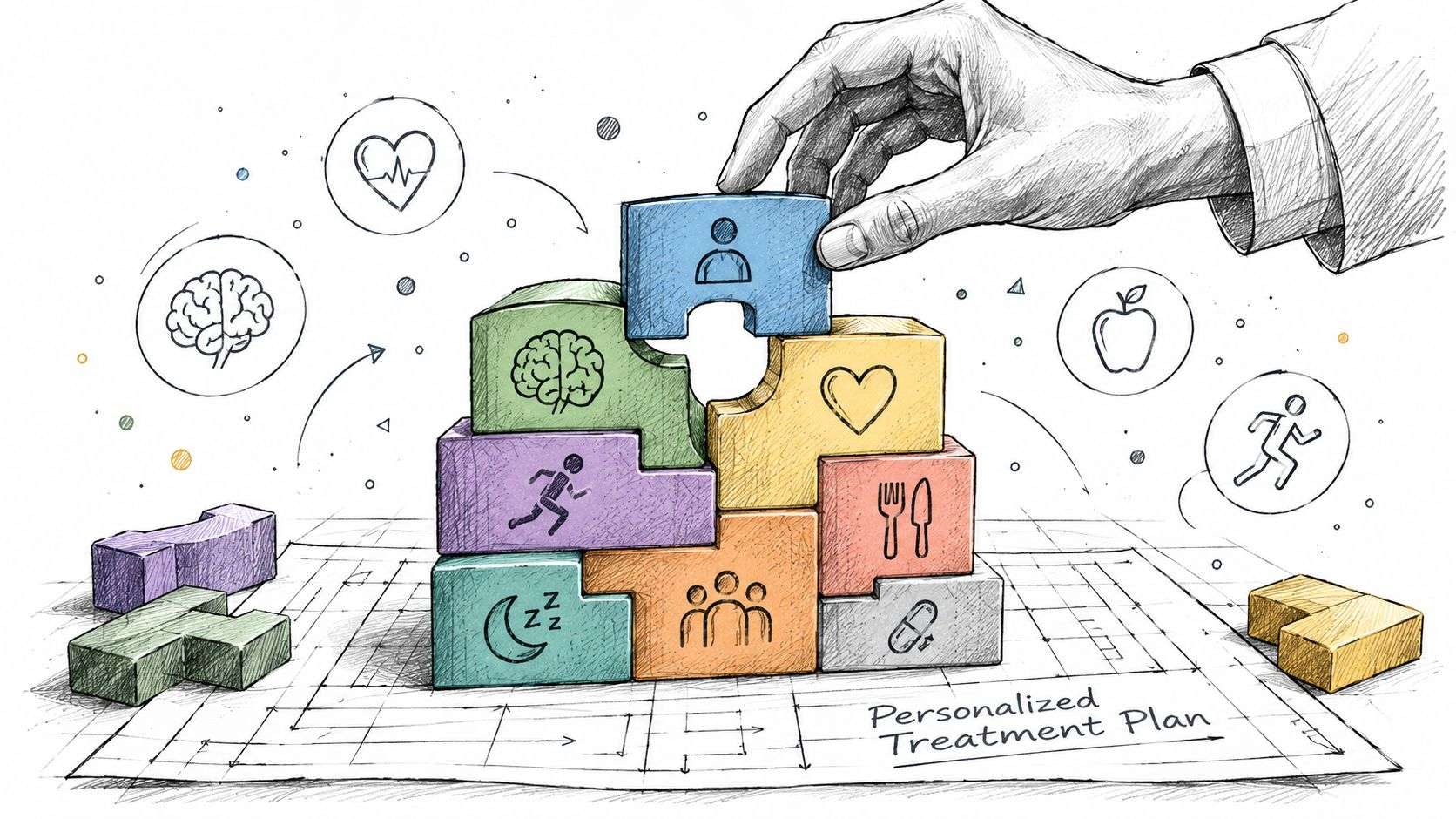 A hand placing a puzzle piece into a personalized treatment plan for female arousal disorder health.