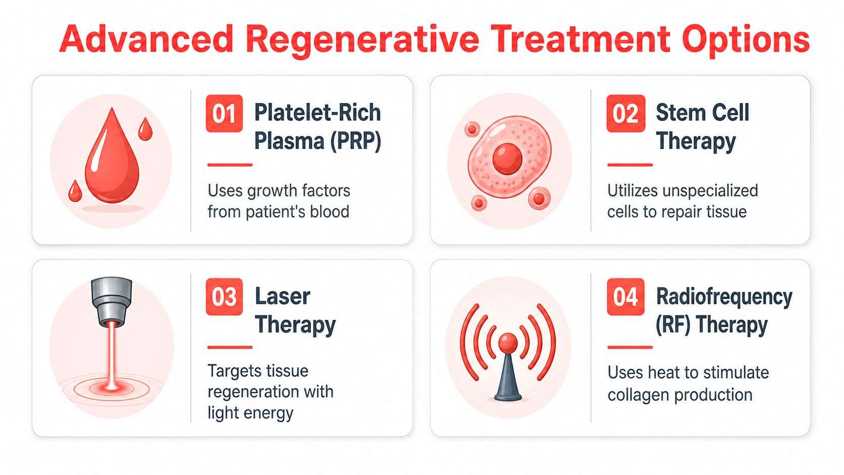 A graphic showing four advanced regenerative treatment options including PRP, stem cell therapy, laser therapy, and radiofrequency.
