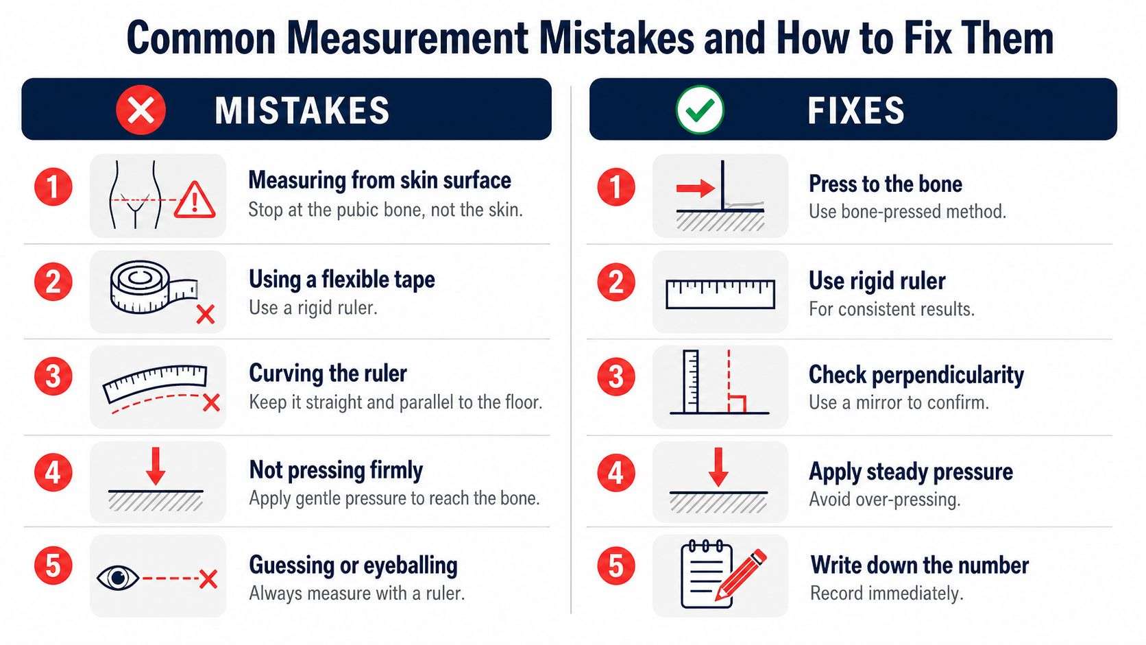 A visual guide outlining five common mistakes and recommended fixes for performing accurate body measurements.