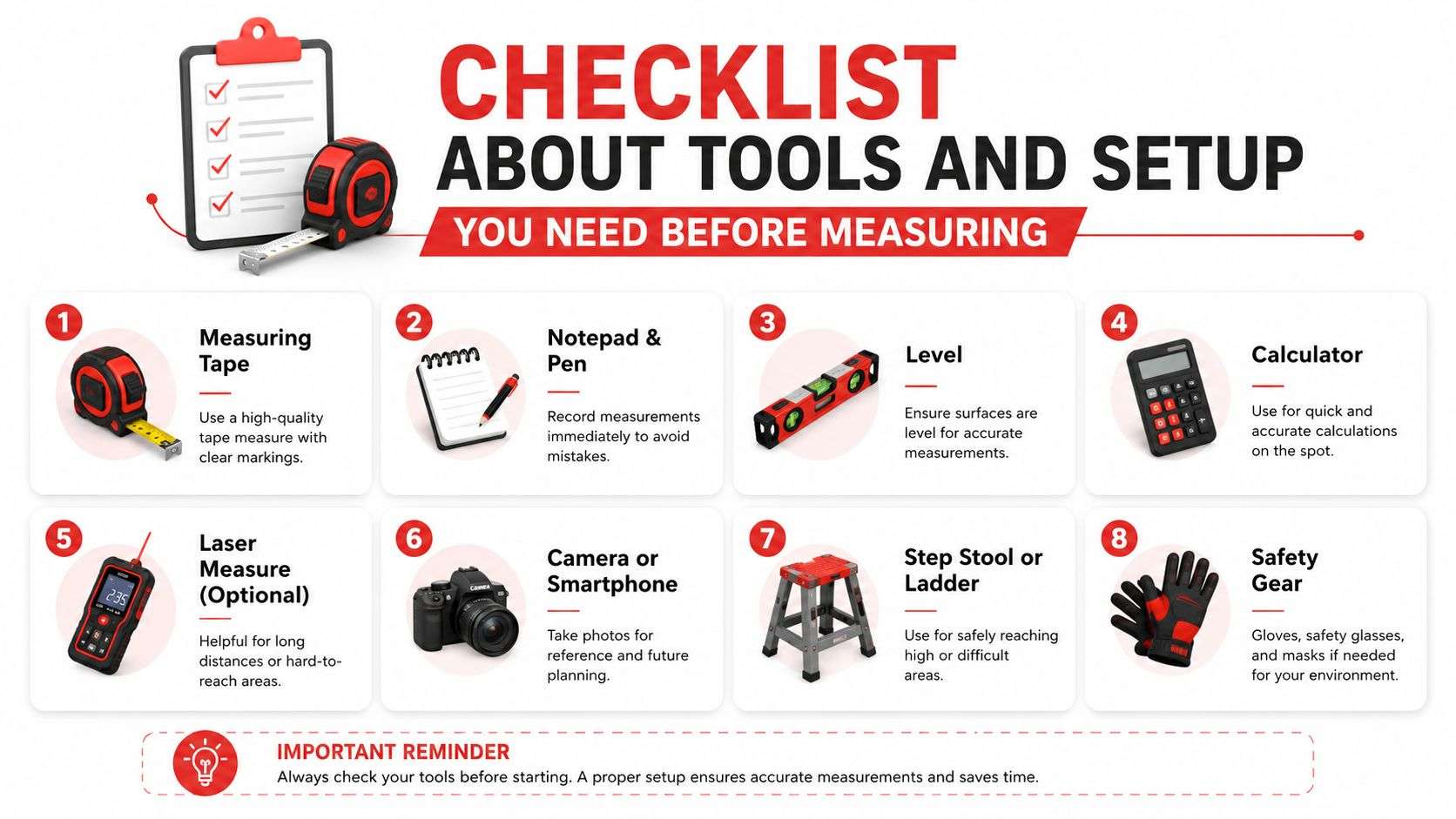 A helpful checklist of eight essential tools and safety gear needed for accurately measuring various home projects.