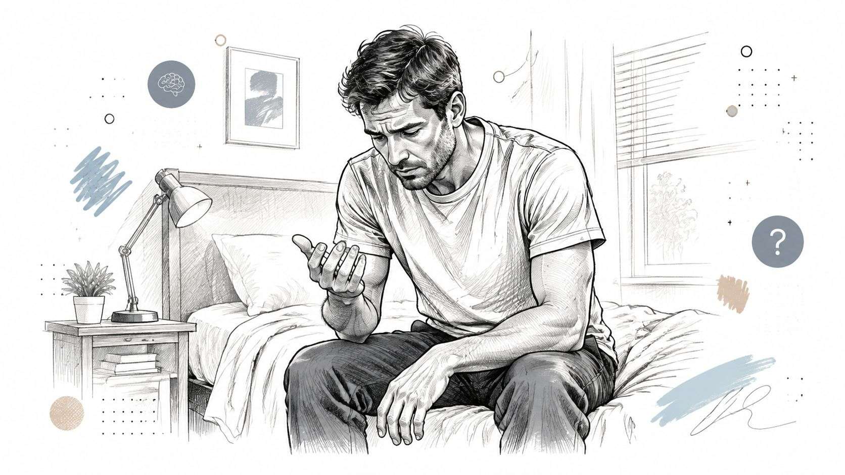 A pensive man sitting on the edge of his bed, illustrating the emotional impact of personal health.