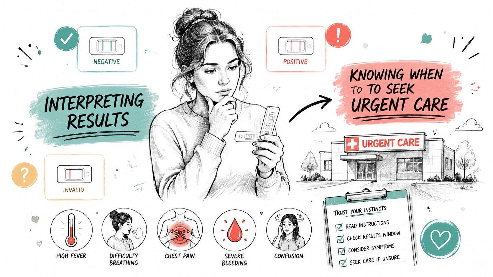 A woman interpreting medical test results with a checklist of symptoms requiring urgent medical attention and care.