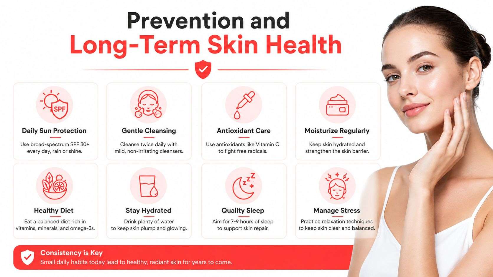 An infographic titled Prevention and Long-Term Skin Health featuring eight essential daily habits for maintaining skin.