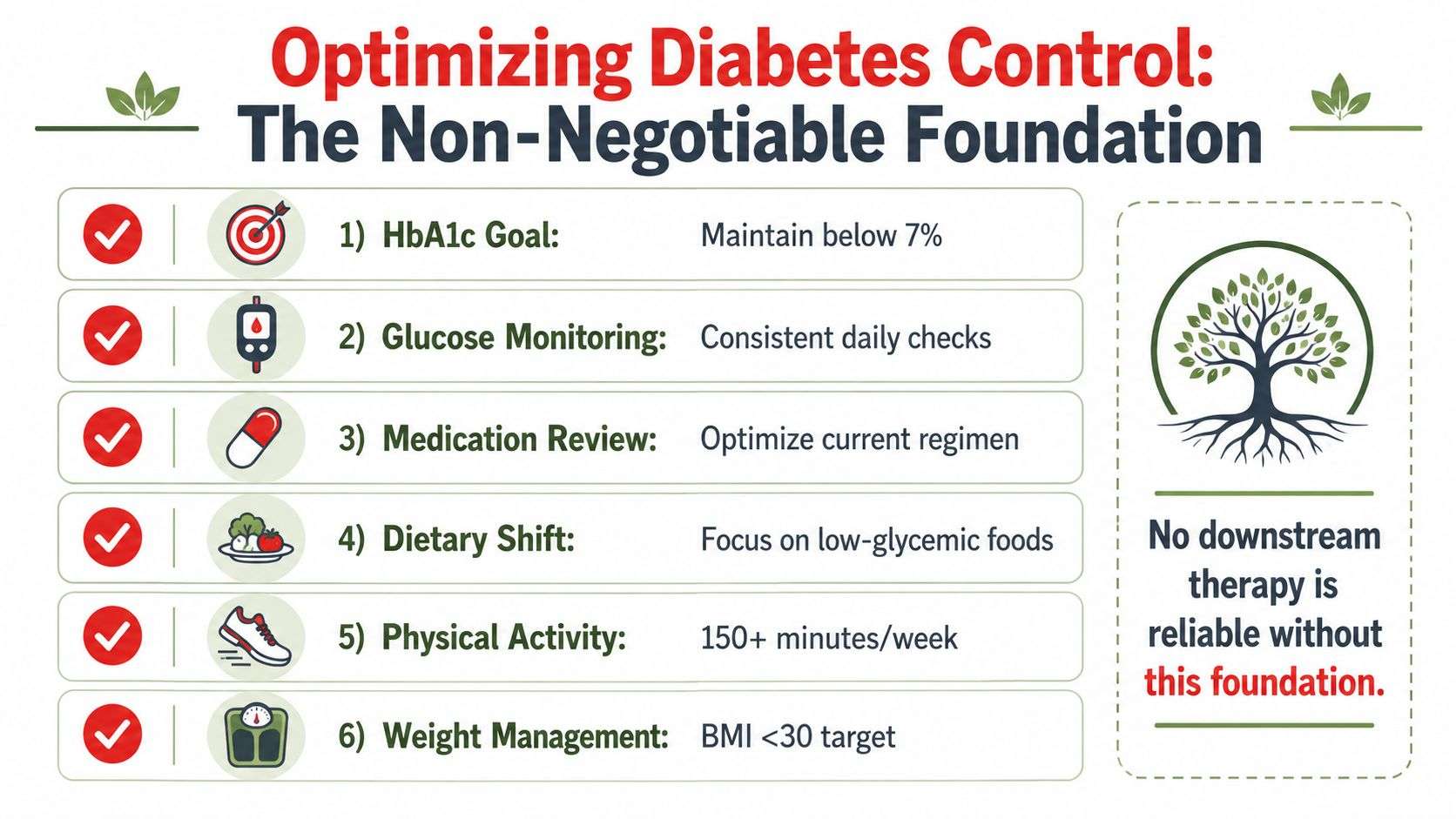 An infographic detailing six foundational steps for optimizing diabetes control, including diet, exercise, and medication.